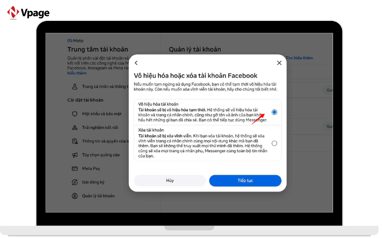 Chọn vô hiệu hóa tài khoản và nhấn tiếp tục